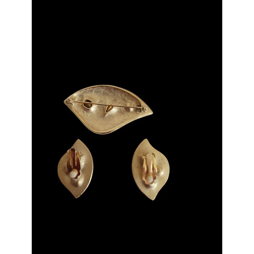 Vintage Modernist Jewelry Clip Earrings Brooch‎ Set Gold Rhinestone
